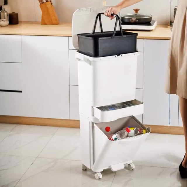Lifeideas 3 Tier Kitchen Waste Separation Bin with Removable Inner Bucket and Pedal, White