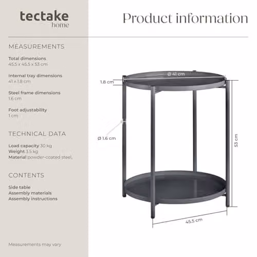 tectake Round Side Table in Minimalist Design with Height-Adjustable Feet, Grey, W/D/H: 45.5 x 45.5 x 53 cm – 3
