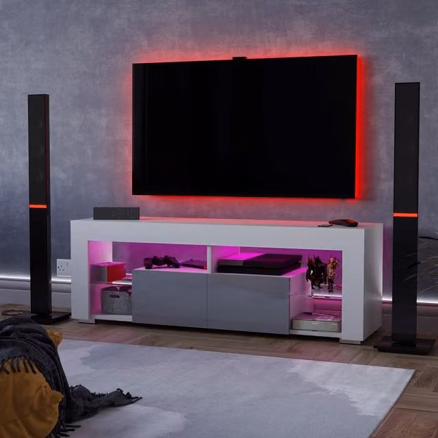 Vida Designs Luna 2 Drawer LED TV Unit in Grey and White with Glossy Glass Finish