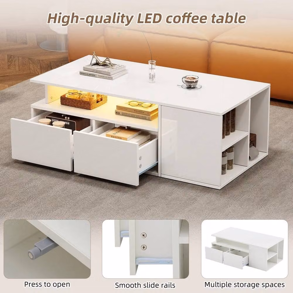 VOGREX White Glossy LED Coffee Table with 2 Storage Drawers and App-Controlled Lights – 3