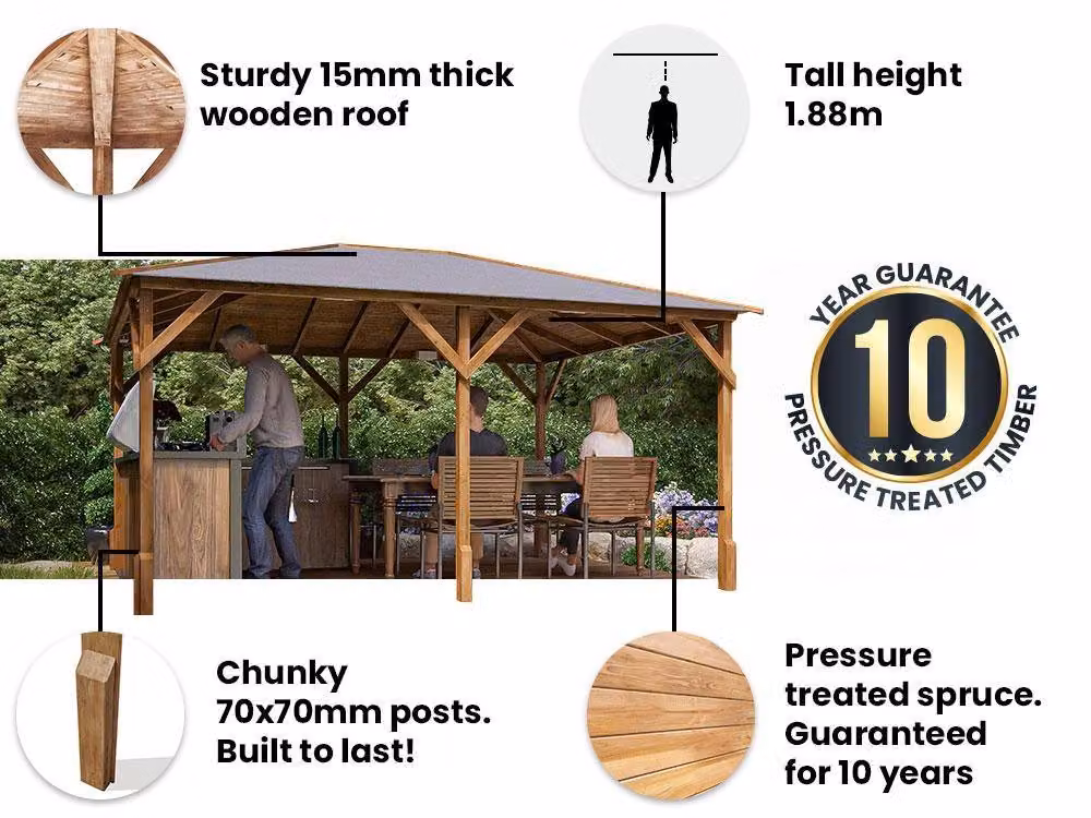 Dunster House Utopia Wooden Gazebo with Louvre Wall and Bitumen Shingles, Brown, W: 400 cm, D: 300 cm – 3