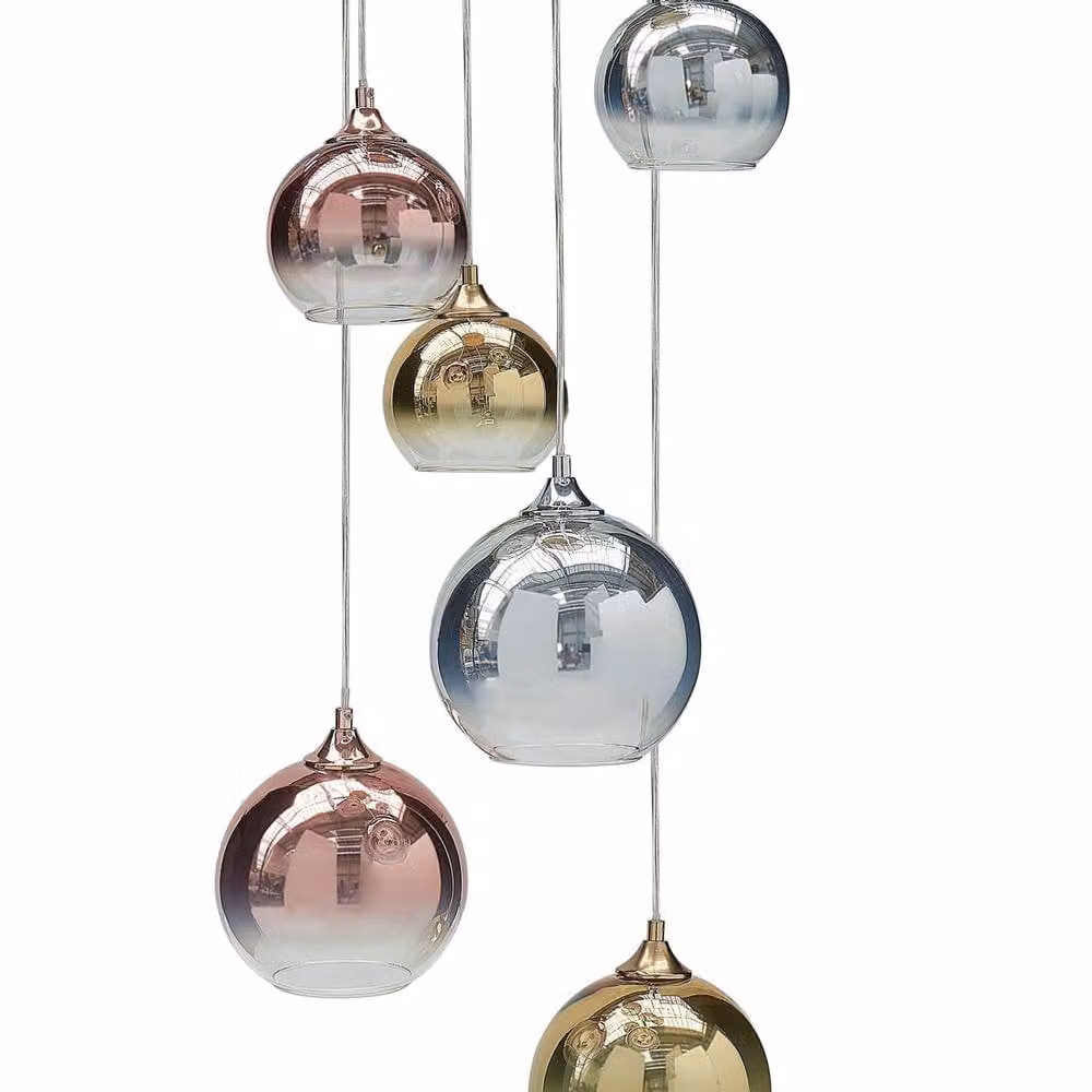 Wyld and Coco 6 Light Contemporary Pendant Lamp in Brass and Copper with Transparent Glass Spheres, Height Adjustable – 2