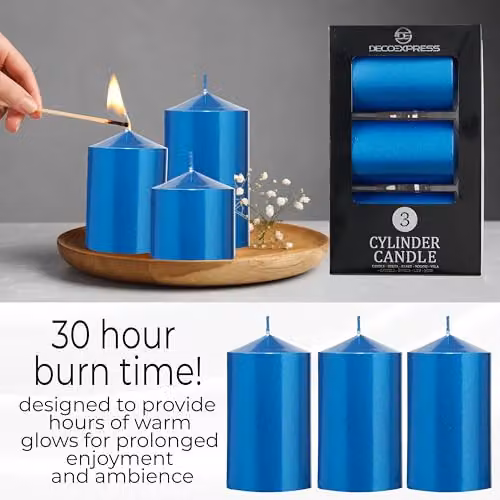 Deco Express Unscented Pillar Candle Set, Pack of 3, Metallic Blue – 6