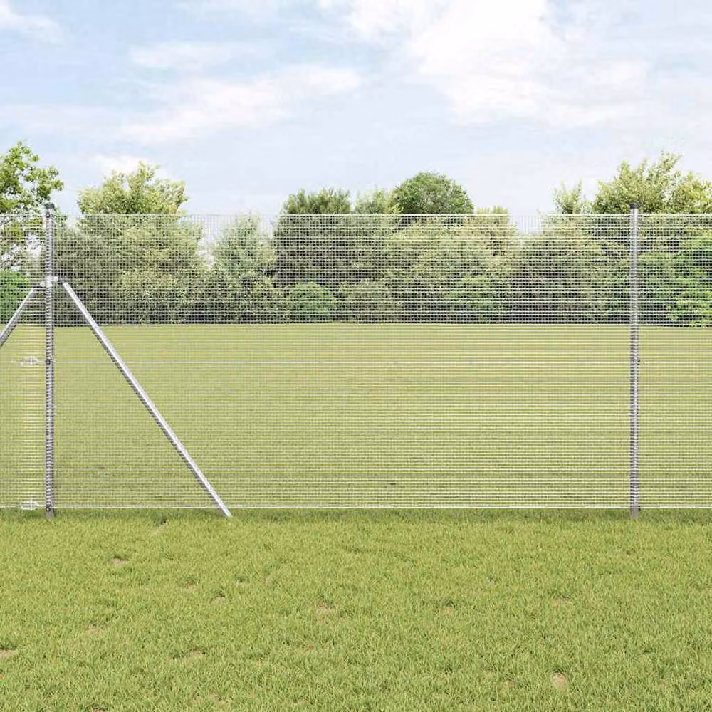 Berkfield Home Modern Welded Wire Fence with 13 Posts, Galvanised Steel, Silver, W: 25 m, H: 1.4 m – 2