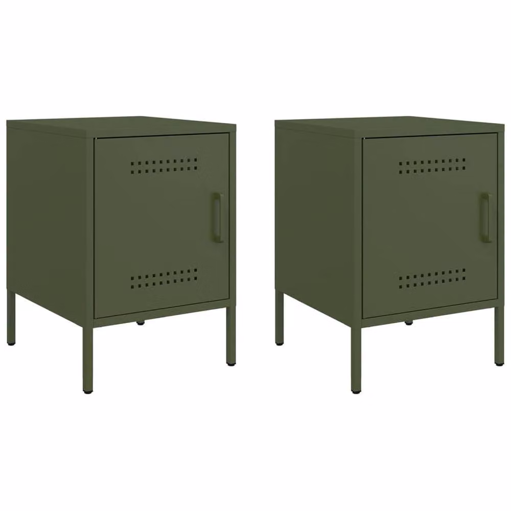 Berkfield Home Durable Metal Bedside Cabinets, 2 Pack, Olive Green, W: 36 cm, D: 39 cm, H: 50.5 cm – 2