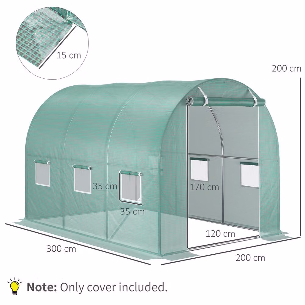 STILVORA Green Greenhouse Replacement Plastic Cover with Roll-Up Windows, W: 300 cm, D: 200 cm, H: 200 cm – 4