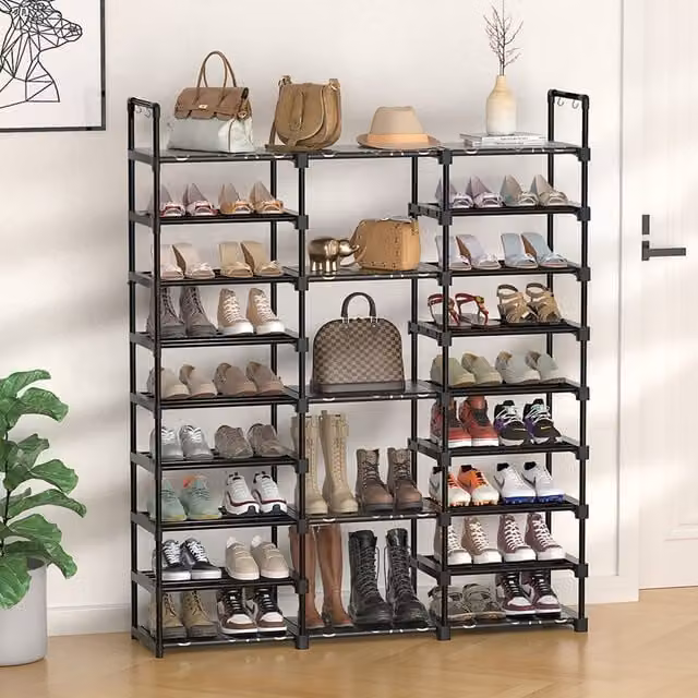 Livingandhome Modern Matt Black Metal Open-Style Freestanding Shoe Rack for Hallways
