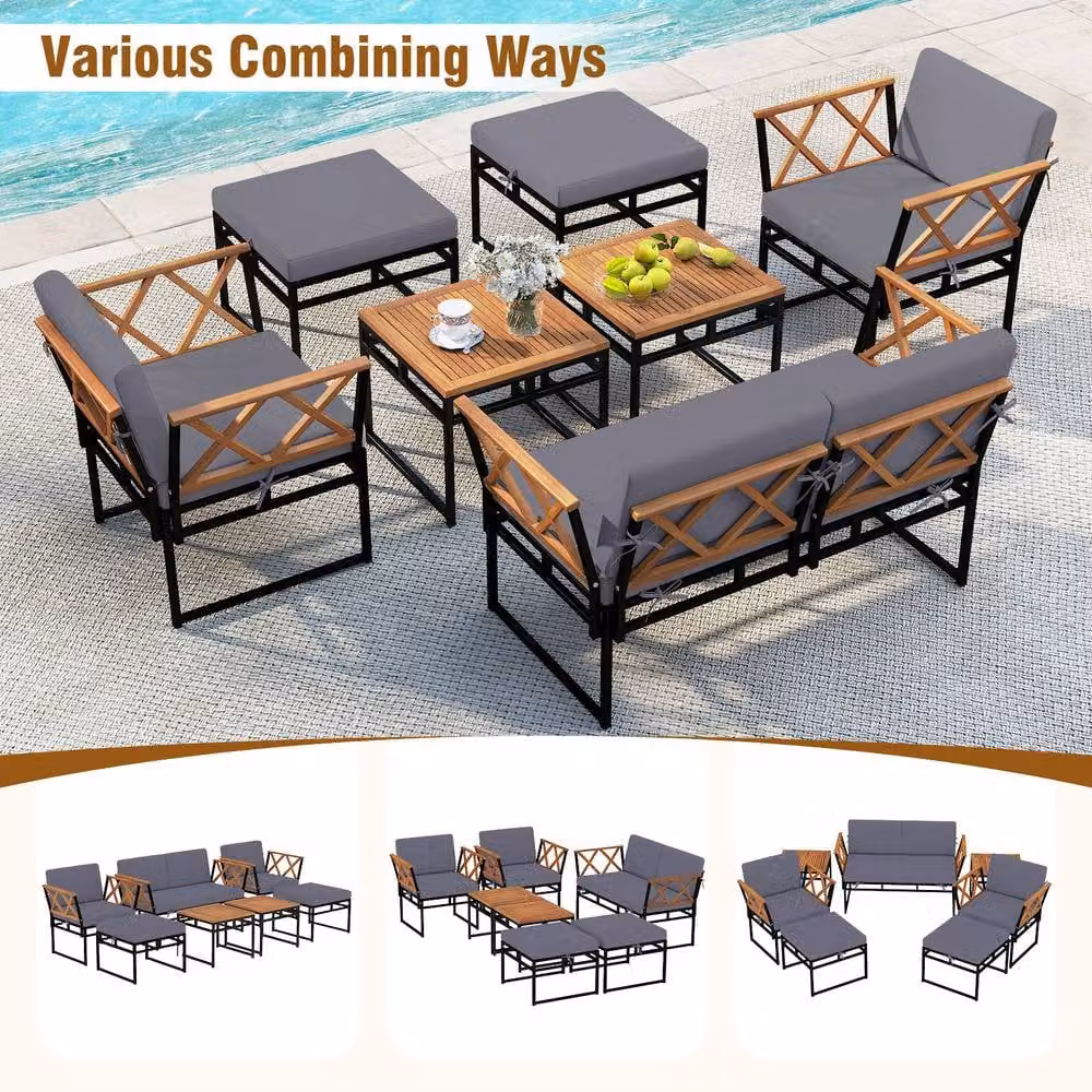 Gymax 7-Piece L-Shape Sectional Garden Sofa Set with Coffee Table and Ottoman in Brown – 3