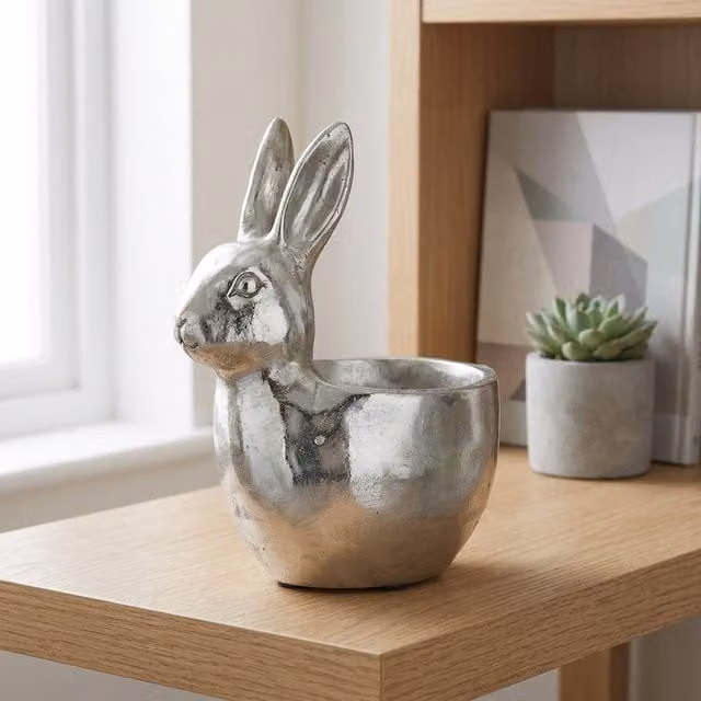 Garden Greatness Silver Decorative Rabbit Ceramic Tabletop Planter, H 22.5 cm x W 22.5 cm x D 12.0 cm
