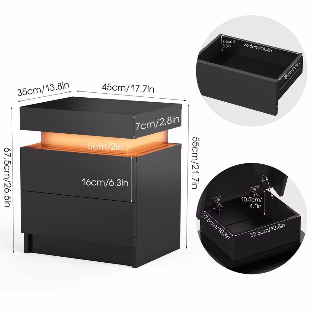 FORGEVIO RGB LED Bedside Nightstand with 2 Drawers, Black – 2