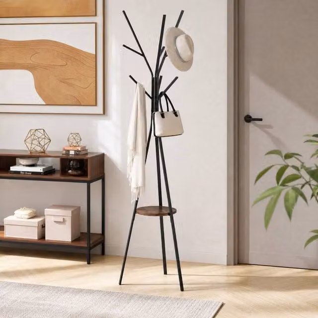 STILVORA Modern Metal Coat Rack with 9 Hooks and Shelf in Brown and Black – 1
