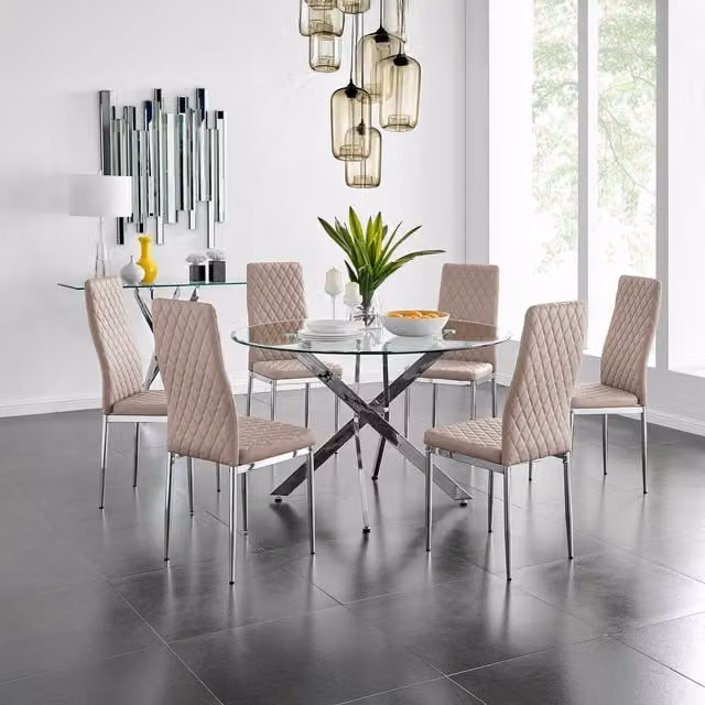 FurnitureboxUK Novara Round Glass Dining Table and 6 Milan Chairs Set in Cappuccino with Chrome Metal Frame