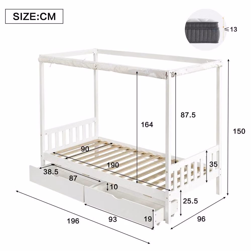 Merax White and Green Wooden Childrens Cabin Bed with Canopy Frame, Curtains and 2 Drawers, W/D/H: 190 x 90 x 120 cm – 2