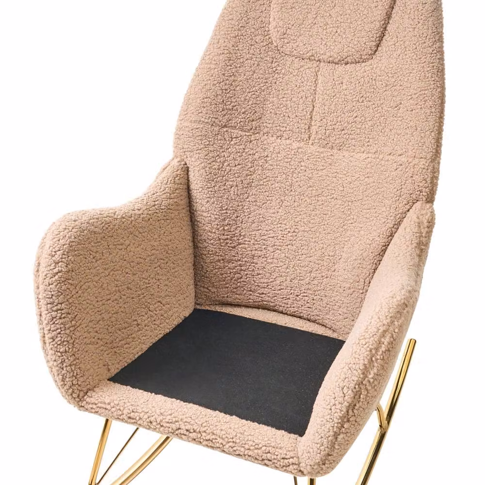 Wyld and Coco Beige Boucle Rocking Chair with Gold Metal Armrests and Rubberwood Frame – 4