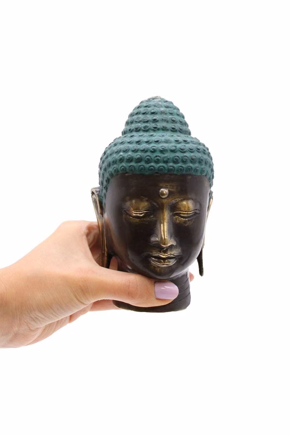 KDMD Large Antique Brass Buddha Head Decorative Metal Tabletop Sculpture in Petrol – 2