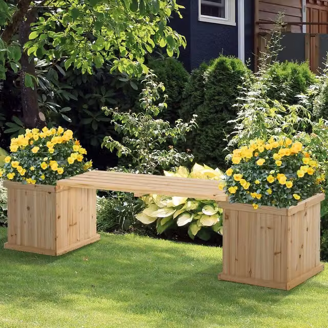 OUTSUNNY Wooden Garden Planter and Bench Combination in Natural Sand
