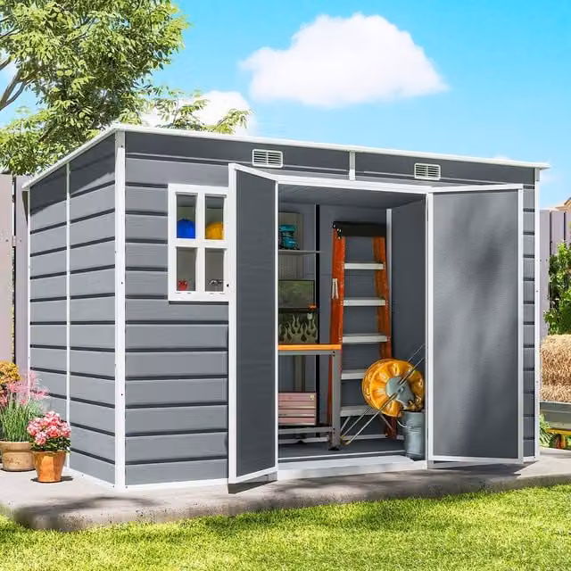Outsunny Grey Plastic Garden Shed with Floor, Window and Lockable Doors, W: 300 cm, D: 184 cm, H: 182.88 cm