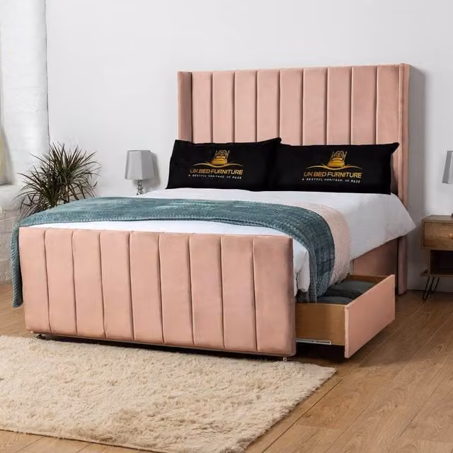 UK Bed Furniture Seoul Wingback Divan Bed with 54 Inch Headboard and 2 Drawers in Pink Velvet, Small Double, W/D/H: 120 x 200 cm