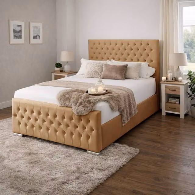 Desire Deco Kensington Upholstered Plush Velvet Bed Frame in Beige, W/D/H: 120 x 200 cm – 1