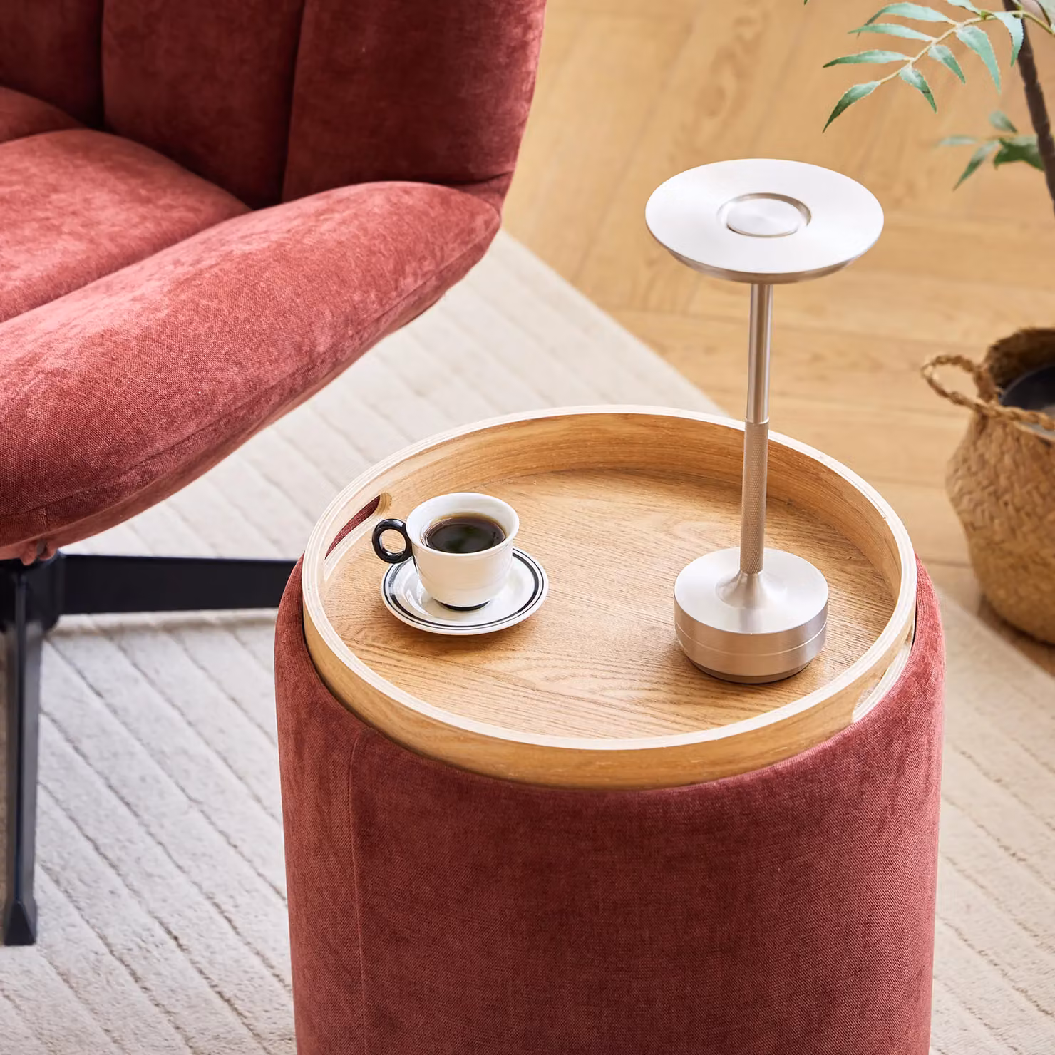 KEMI Red Velvet Cylindrical Storage Pouf with Brown Wooden Base – 4