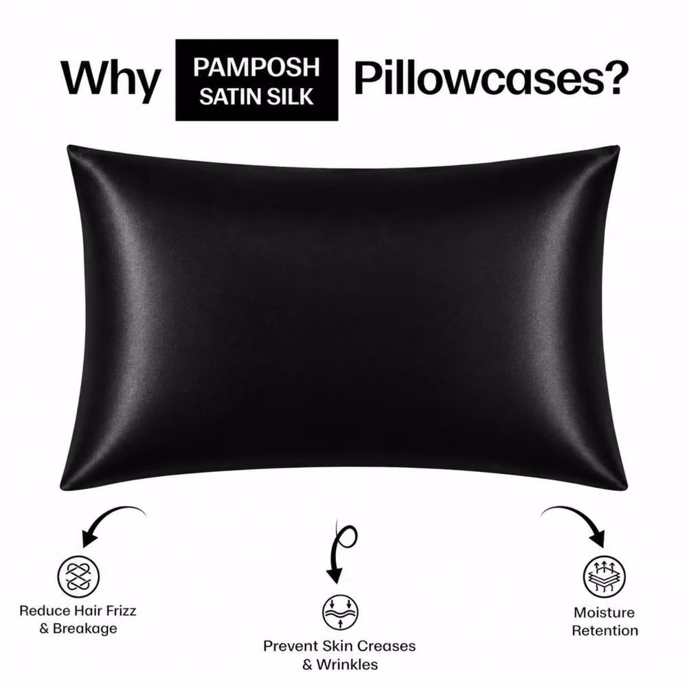 Pamposh Pack of 2 Ultra Soft Satin Silk Pillow Cases in Black, Standard Size – 2