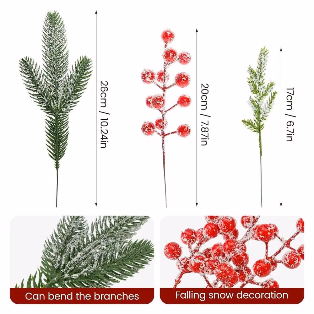 FLAVORA Artificial Red Berries and Frosted Pine Branches for Christmas Decor, Multicolour – 3