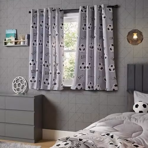 OHS Football Blackout Eyelet Curtain Panels for Kids Bedroom, Grey Thermal Insulated Microfibre Curtains, Width: 116 cm, Drop: 137 cm