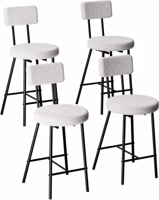 KORVIXA Set of 4 Off-White Bouclé Counter Height Bar Stools with Back and Metal Legs