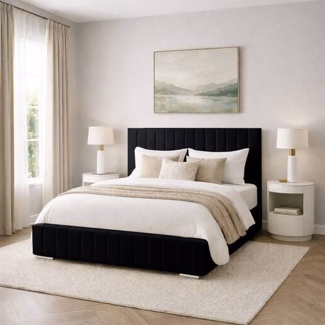 Desire Deco Platinum Upholstered Plush Velvet Bed Frame in Black, W/D/H: 180 x 200 cm