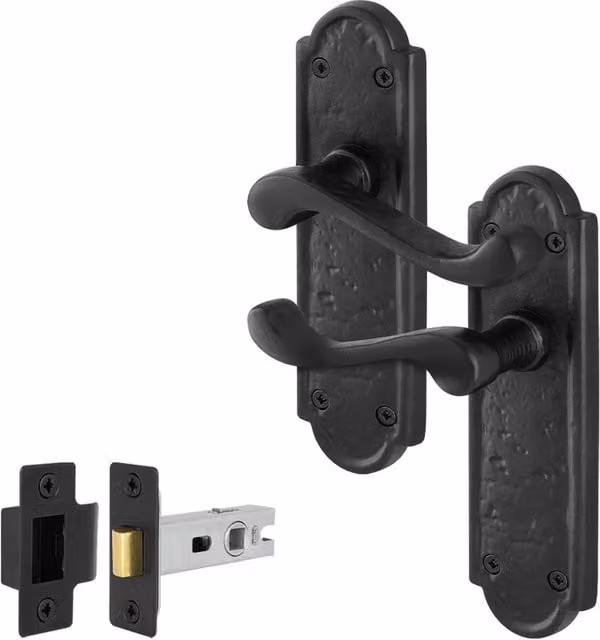 AFIT Black Antique Cast Iron Door Handles with Backplate Latch, 1 Pair, W/D/H: 150 x 150 x 15 mm – 1
