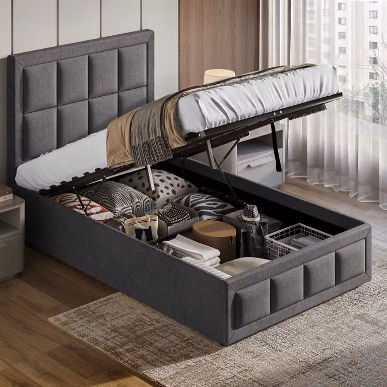 DHS Single Linen Ottoman Bed Frame with End Lift Storage in Grey, W/D/H: 90 x 190 cm