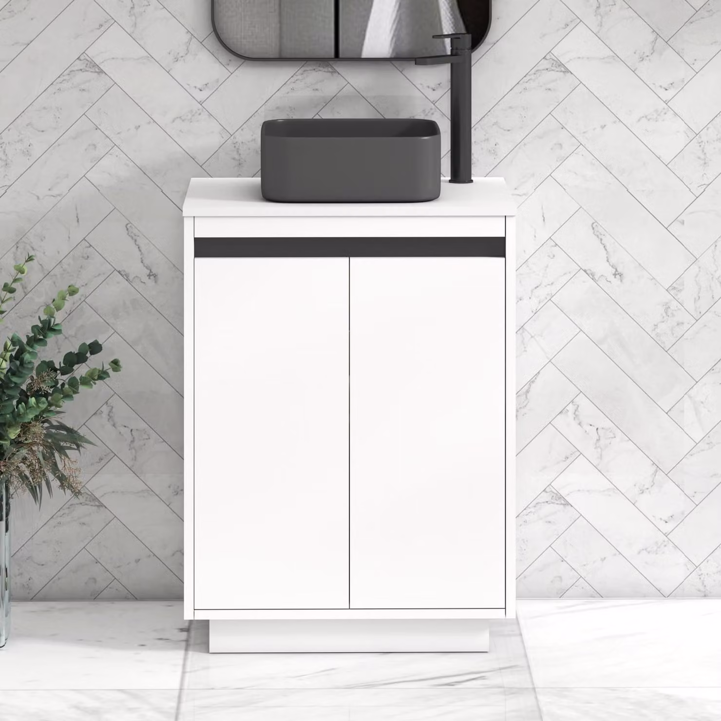 Royal Bathrooms Orion 600mm Matt White Floor Standing 2 Door Vanity Unit with Art Square Basin and Black Accent Trim