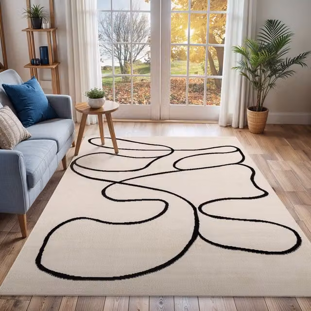 Livabliss Pisa Modern Abstract Rug in Beige, White and Black, W/D/H: 140 x 200 cm