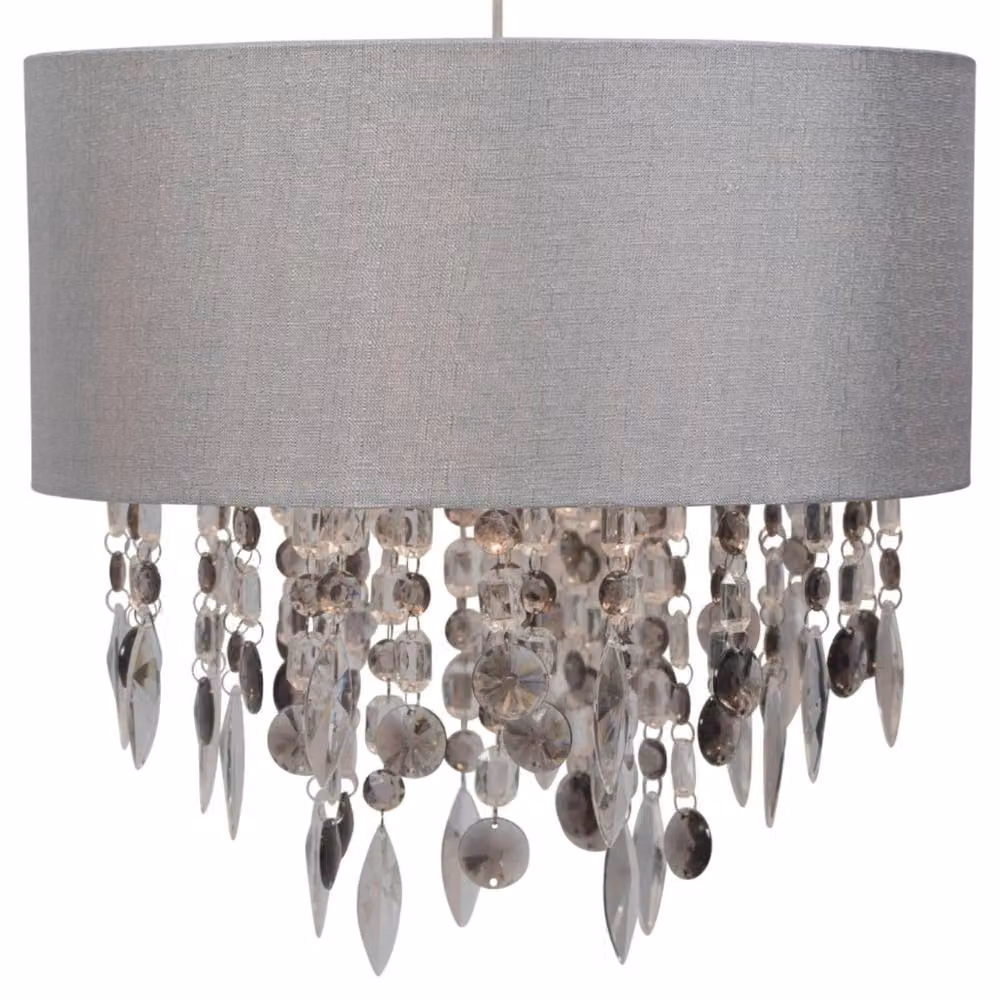 First Choice Lighting Pair of Large Grey Fabric Easy Fit Cylinder Lamp Shades with Silver Acrylic Droplets, Diameter: 40 cm – 2