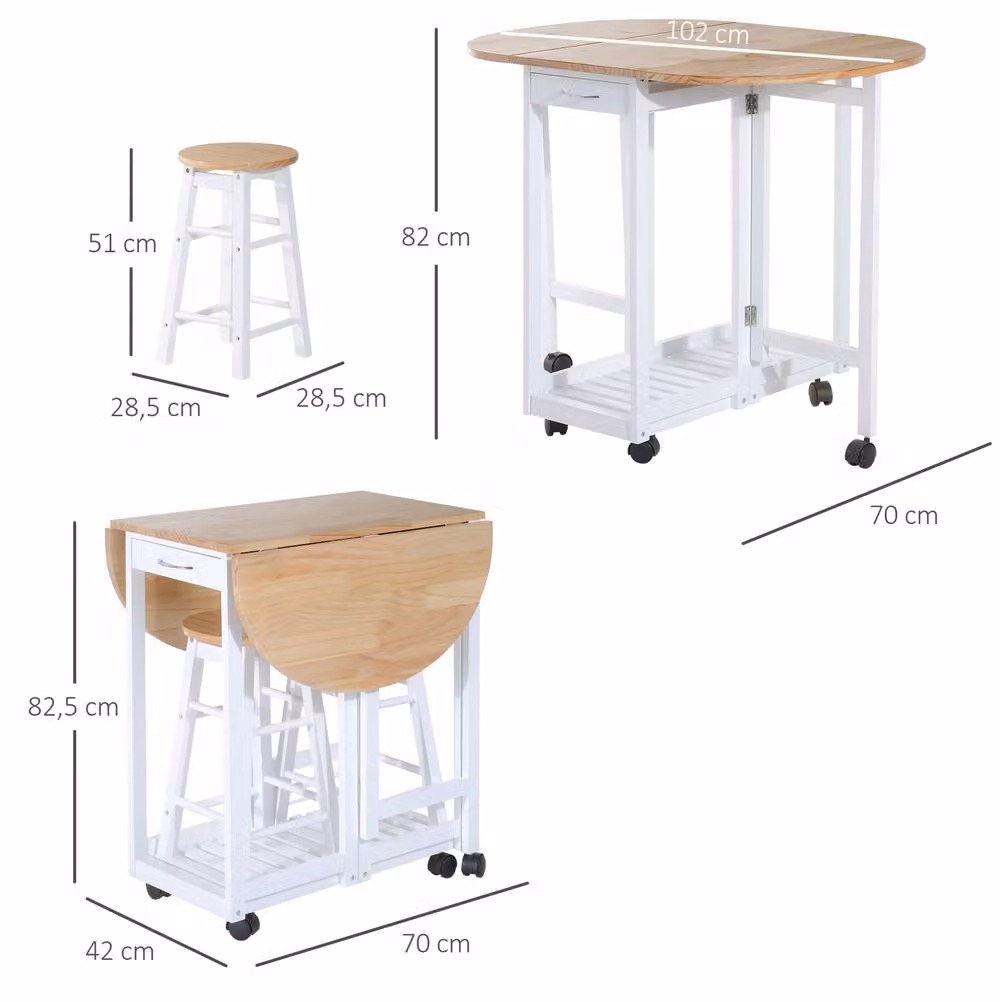 STILVORA 3 Piece Modern White Pine Wood Dining Set with Drop-Leaf Design – 2