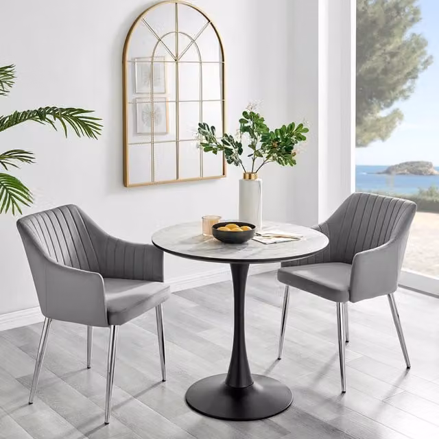 FurnitureboxUK Elina White Marble Effect Round Dining Table and 2 Calla Velvet Chairs in Grey with Silver Legs