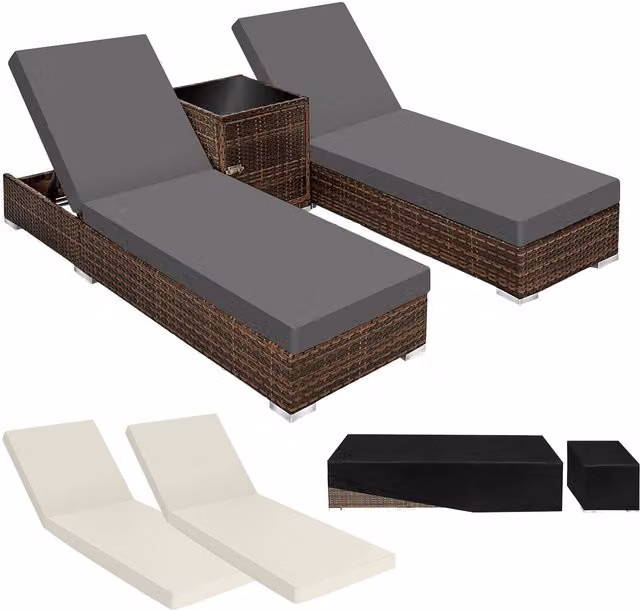 tectake Nautica Set of 2 Brown Polyrattan Lounge Chairs with Adjustable Headrests and Side Trays