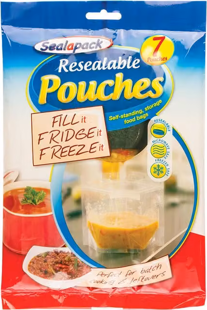 Sealapack Pack of 7 Resealable Transparent Plastic Food Pouches, 1L Capacity