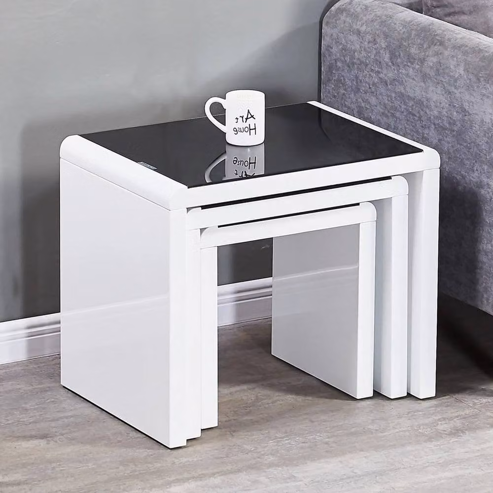 Pawnora Nest of 3 Square Coffee Tables with Glossy Black Glass Tops and White Legs – 3