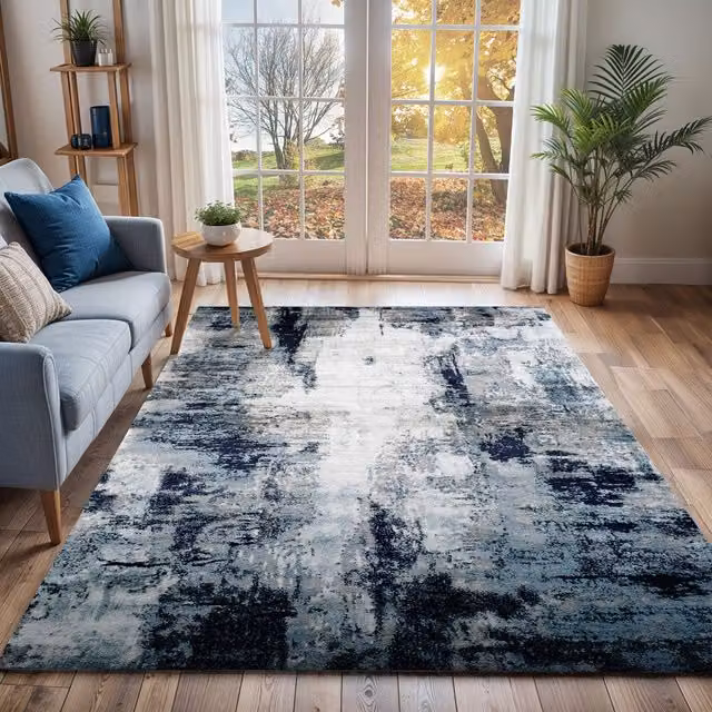 Livabliss Wanderlust Abstract Modern Marble Rug in Blue, Grey and Black, W: 80 cm, L: 150 cm – 1