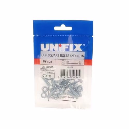Unifix Grade 4.8 Cup Square Hex Bolts and Nuts DIN 603/555 BZP, M12 x 75 mm, Silver, Box of 20