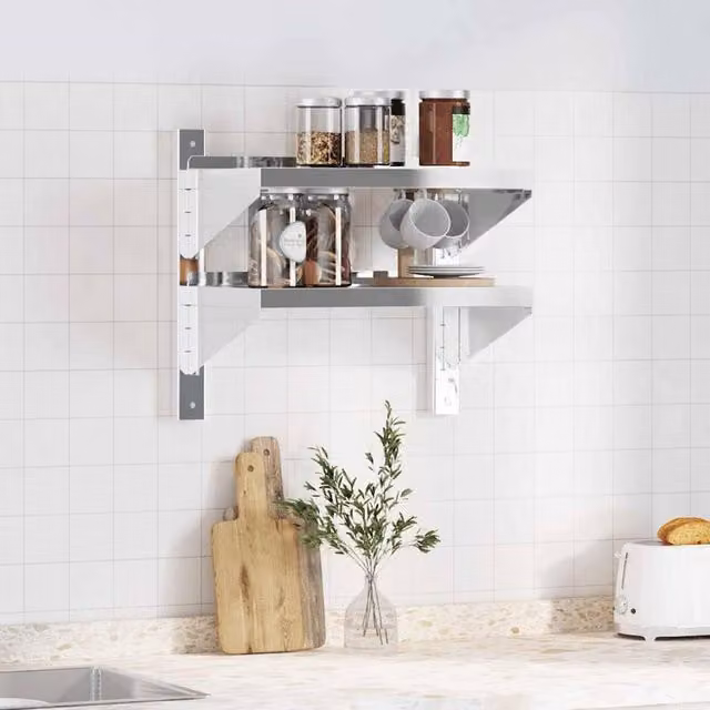 Berkfield Home 2-Tier Wall Mounted Metal Shelf in Silver, W/D/H: 50 x 30 x 60 cm