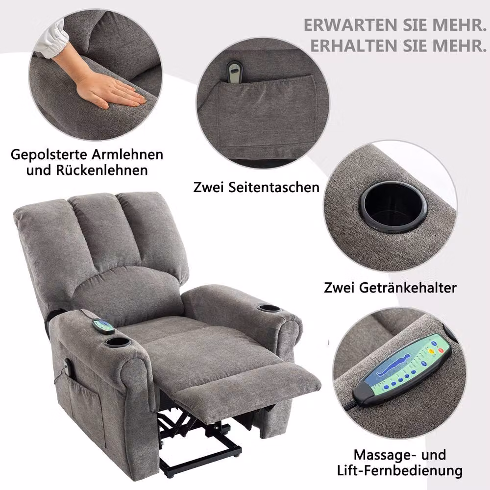 ModernLuxe Grey Fabric Electric Lift Recliner Chair with Massage, Pockets and Cup Holders, H 108.0 x W 90.0 x D 76.7 cm – 4