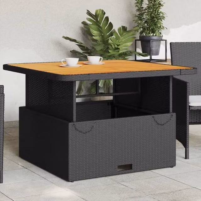 Berkfield Home Black Square Garden Table with Acacia Wood and Poly Rattan, W/D/H: 110 x 110 x 71 cm