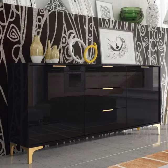Creative Furniture Goldline Gloss Sideboard in Black and Gold, W: 140 cm, H: 80 cm, D: 35 cm