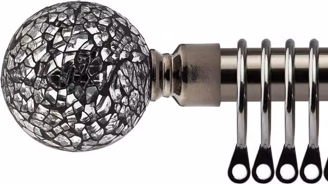 NewEdgeBlinds Mirrored Extendable Metal Curtain Pole Set in Black Silk and Silver, 160 cm
