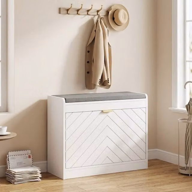 STILVORA Modern Shoe Bench with Fabric Seat and Flip Drawer in White and Gold – 1
