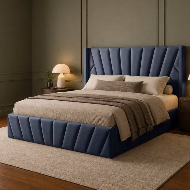 Novada Blue Velvet Upholstered Wingback Bed Frame, W/D/H: 120 x 200 cm