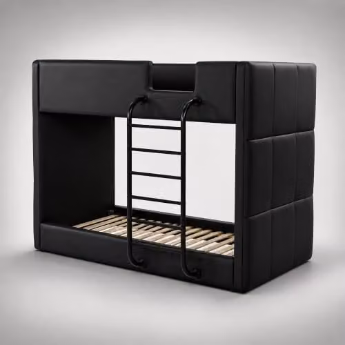 Harmin Black Faux Leather Single Bunk Bed with Modern Upholstered Design, W/D/H: 90 x 200 x 152.5 cm