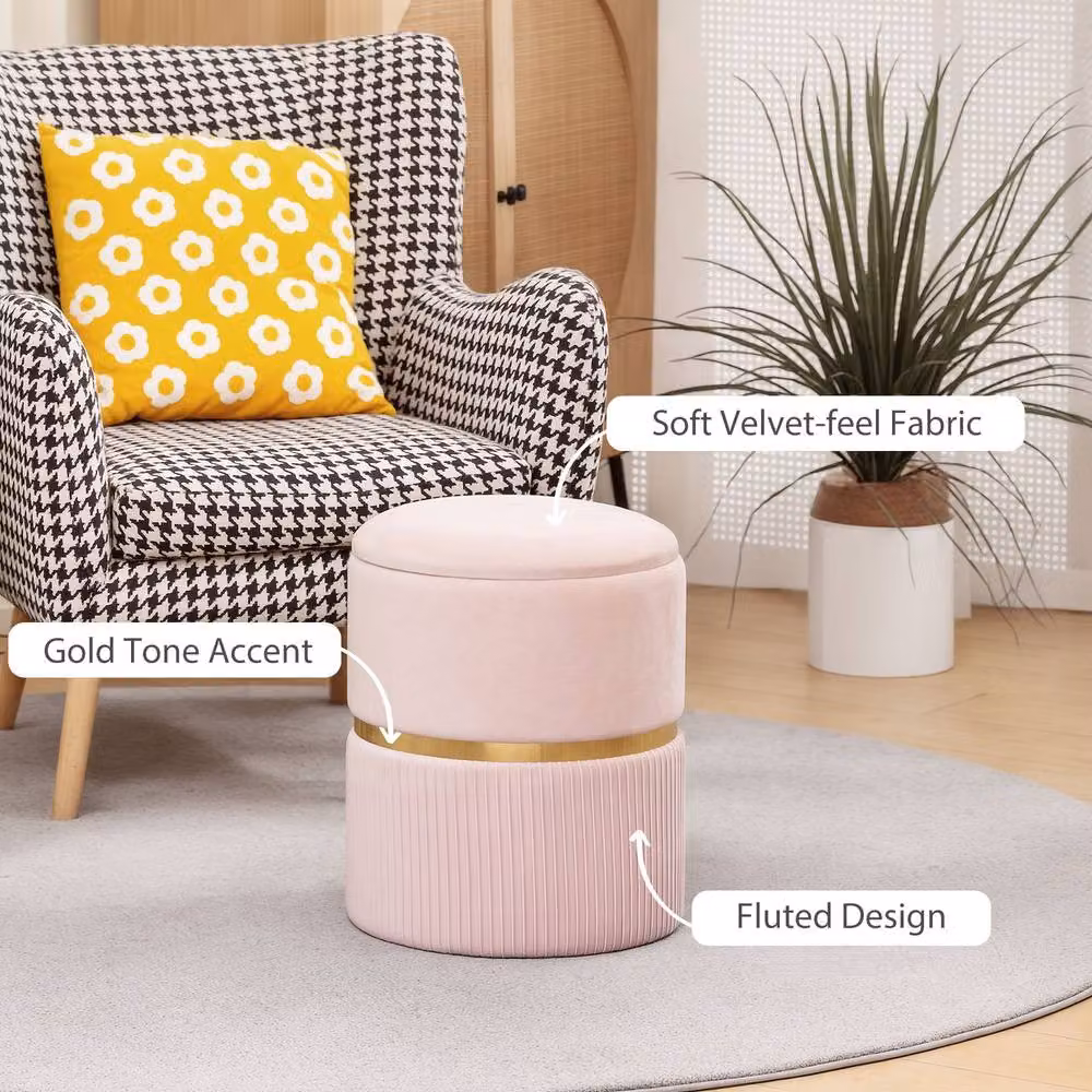 HOMCOM Round Velvet Storage Pouffe and Footstool in Pink – 4